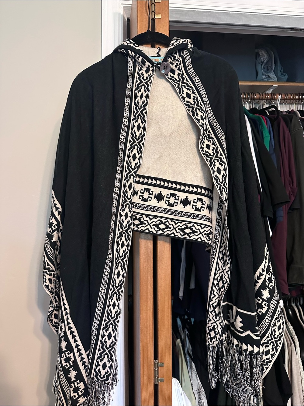 Flying Tomato Black and Cream Hooded Aztec-Trim Poncho